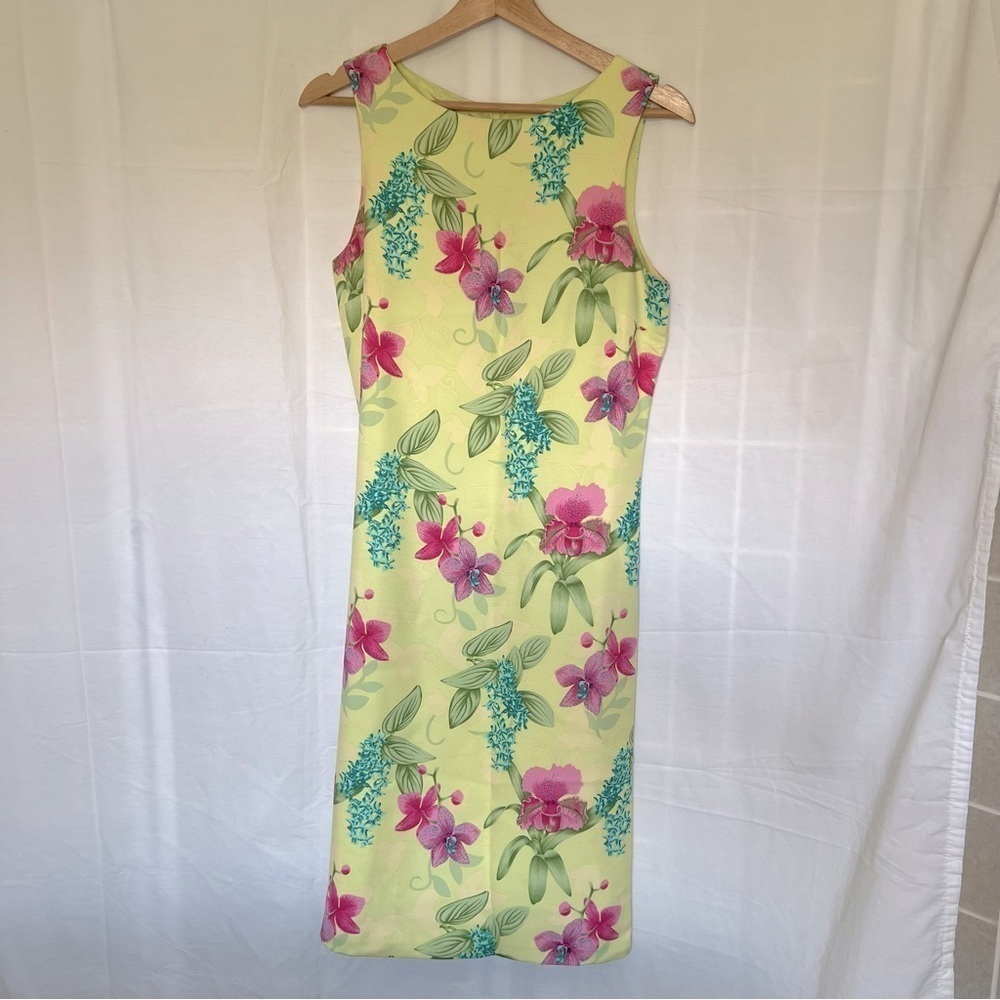 Vintage Tommy Bahama 100% silk floral sleeveless dress yellow tropical pink 6